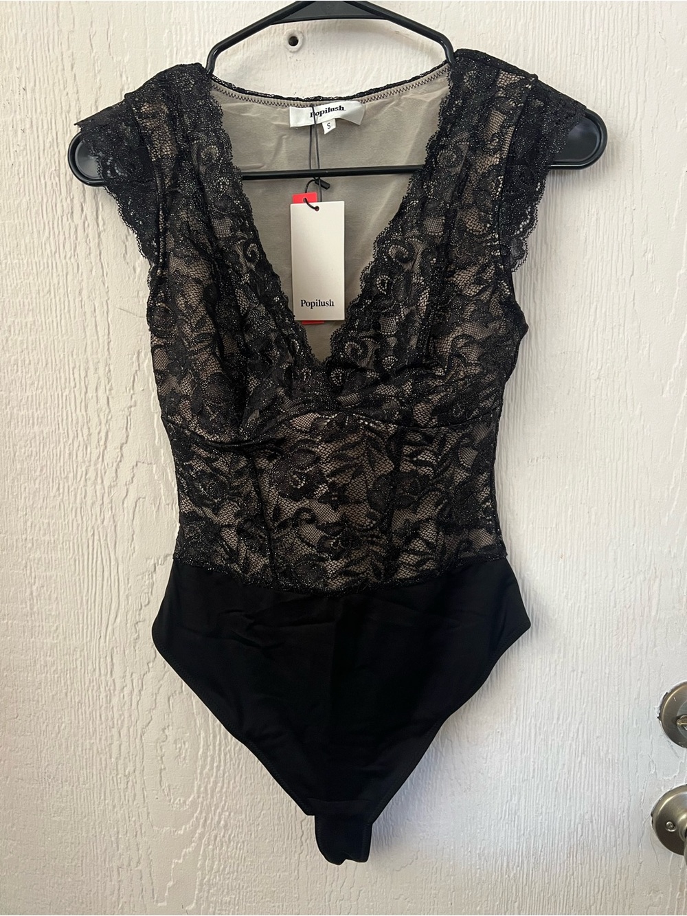 Popilush Black Gold Flecked Lace V-Neck Bodysuit